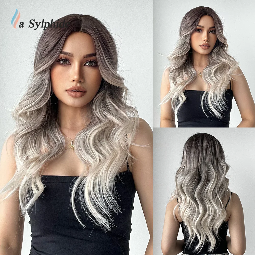 

La Sylphide Long Wave Ombre Brown Blond Wig Good Quality Synthetic Wigs Cosplay Daily Natural Woman Wigs Heat Resistant Hair