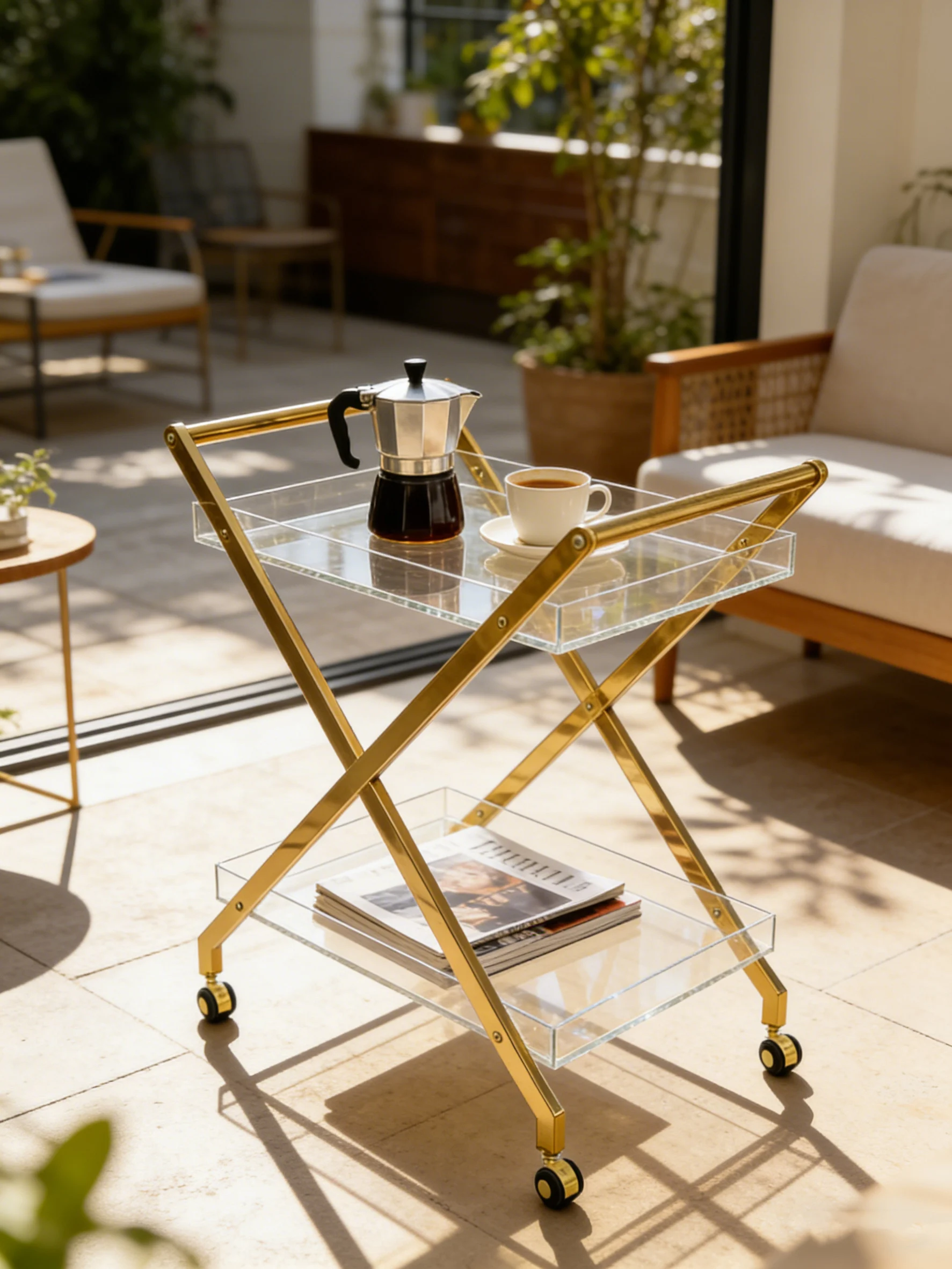 Modern Mobile 2-Tier Acrylic Storage Cart With Gold Frame-4-Wheel Hotel Serving Trolley Hotel Cart Trolley Hotel Trolley Cart