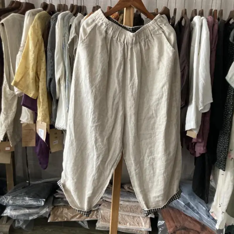 

Весенне-летние женские свободные повседневные брюки до щиколотки с эластичной резинкой на талии, винтажные хлопковые льняные шаровары высокого качества B011