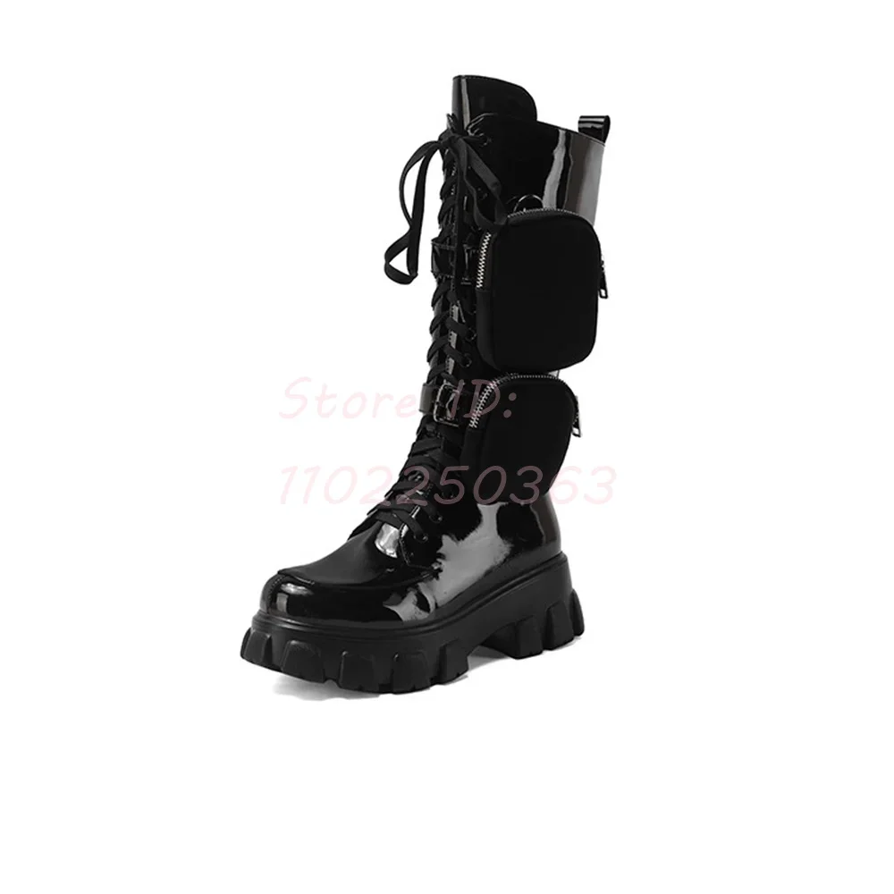 Botas hasta la rodilla con doble bolsillo, punta redonda, tacón cuadrado, plataforma, cremallera lateral, botas militares para mujer, zapatos de caballero de charol negro