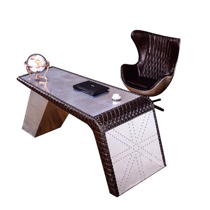 

American metal industrial style old computer table aluminum leather boss table and chair combination