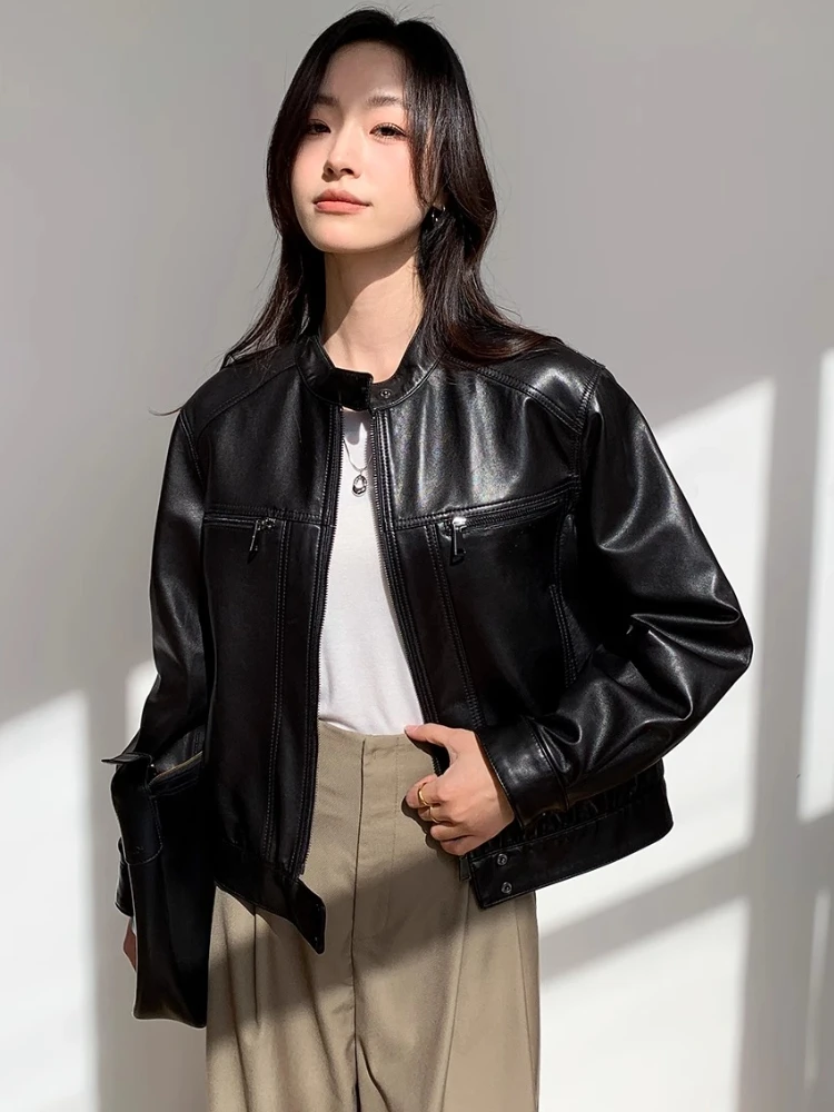Casual Black Genuine Leather Motorcycle Jackets Women Spring Autumn High-end Simple Stand Collar Slim Short Real Sheepskin Coat