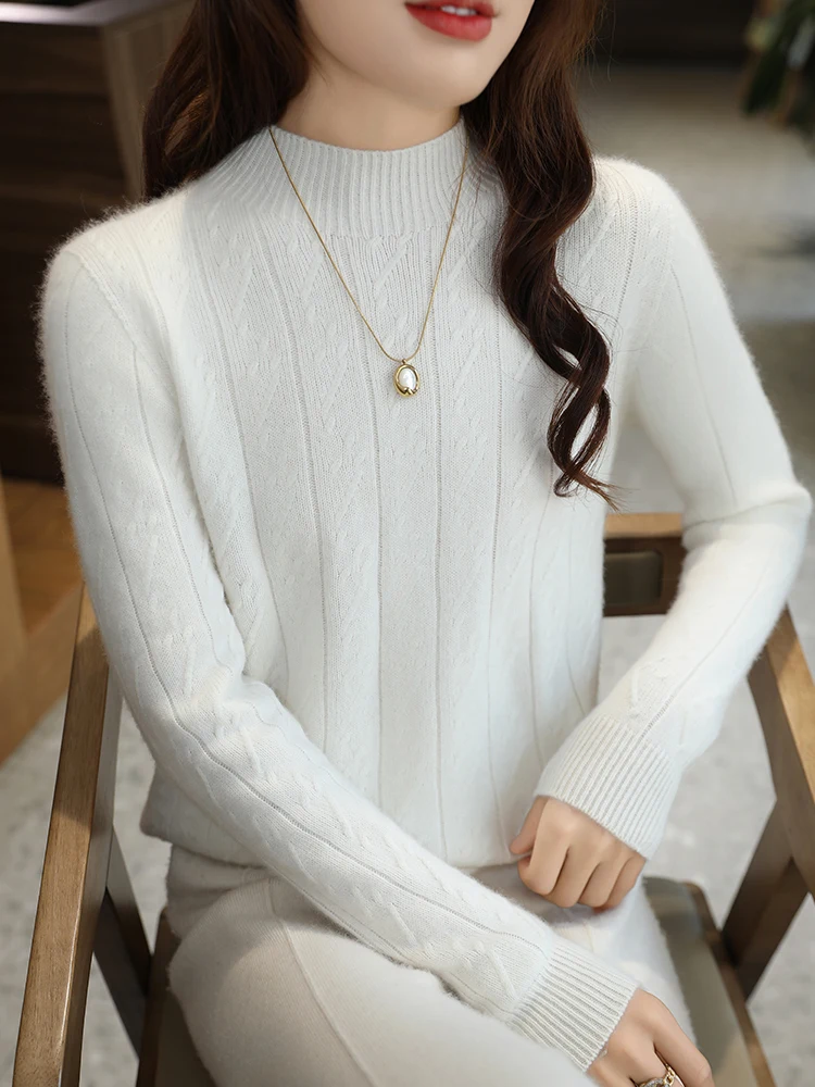 Classic 100% Merino Wool Women Sweater Mock Collar Striped Knitwear Casual Thick Pullover Autumn Winter Soft Cashmere Clothing