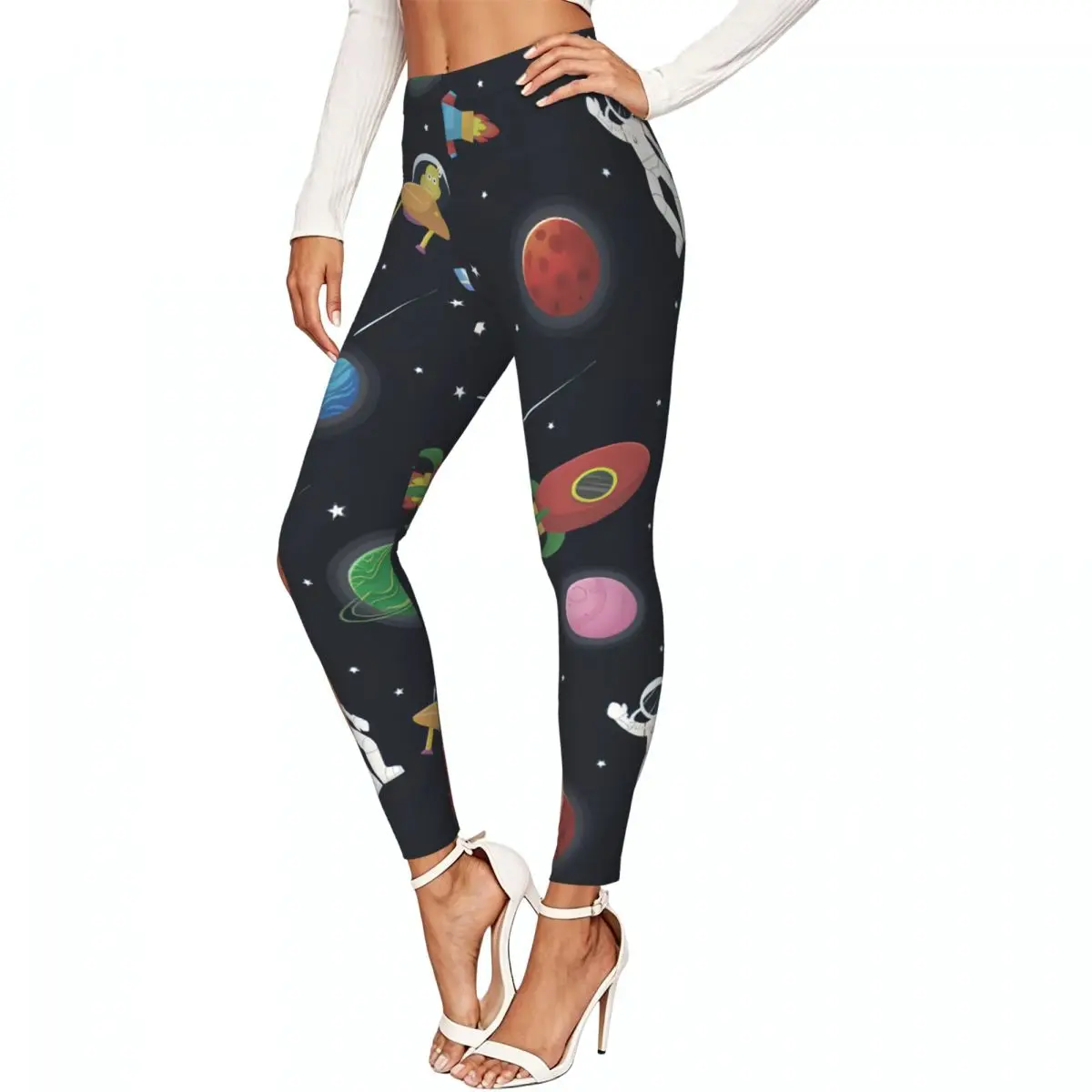 Women High Waist Elastic Leggings Astronaut With Rocket And Alien Slim Fit Stretchy Pants Casual Wear