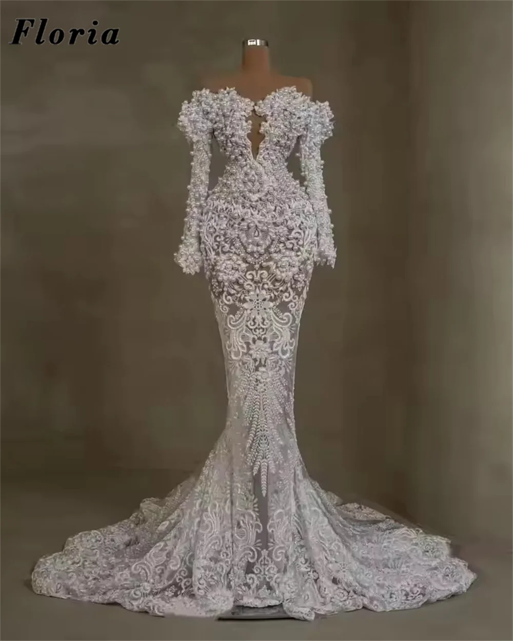 

Customized Ivory Lace Mermaid Prom Dresses Off Shoulder Pearls Evening Dress Robes De Soiree Long Sleeves Wedding Party Gowns