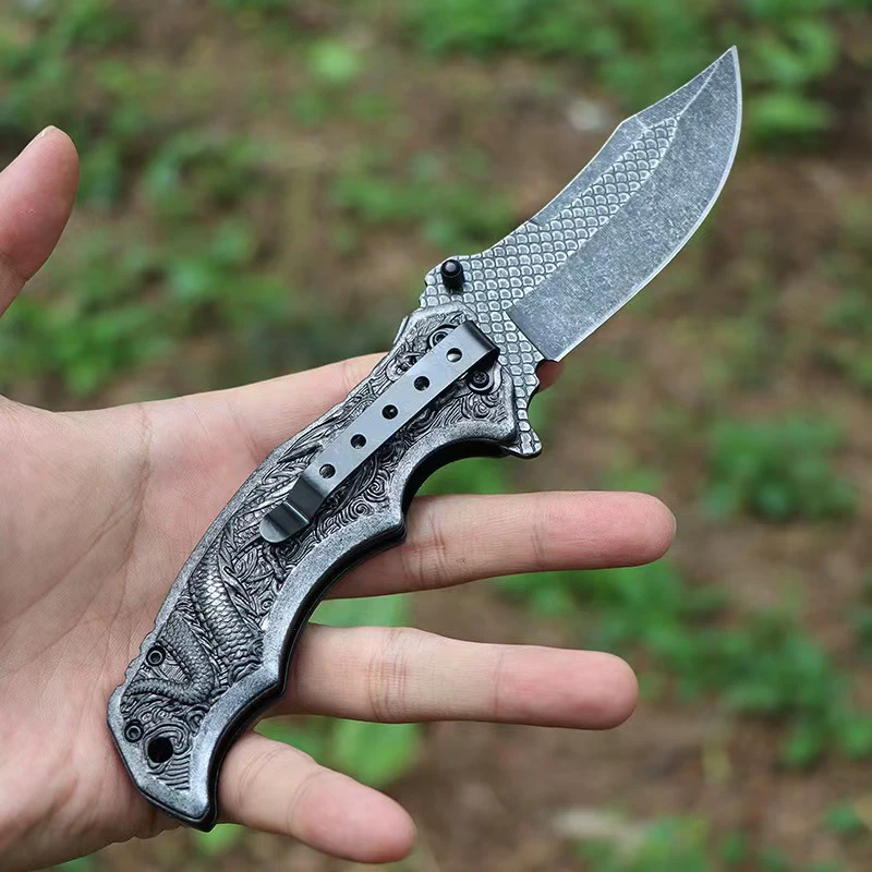 Tactical Dragon Pattern Flipper Assisted Folding Pocket Knife 5Cr13Mov Blade 420 Steel Handle Outdoor Hunting Camping EDC Knives