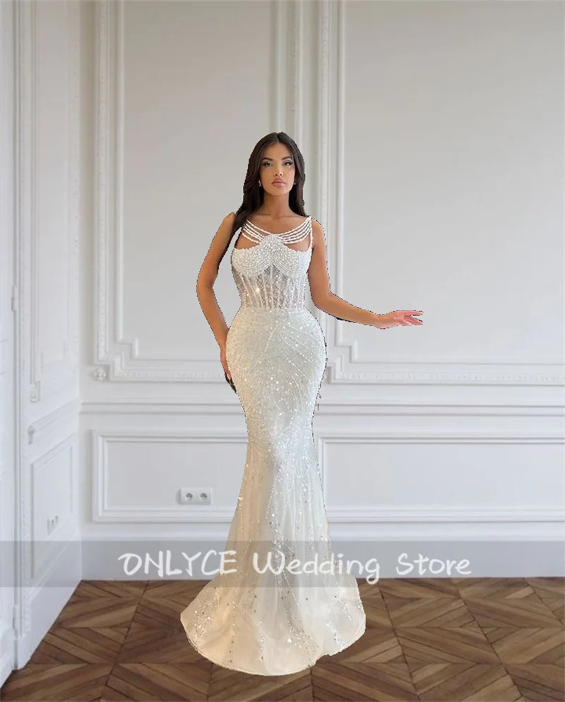 Luxurious Pearls Beaded Wedding Dresses With Detachable Train Mermaid Bridal Gowns Crystal Beads Sequin Robe De Mariee