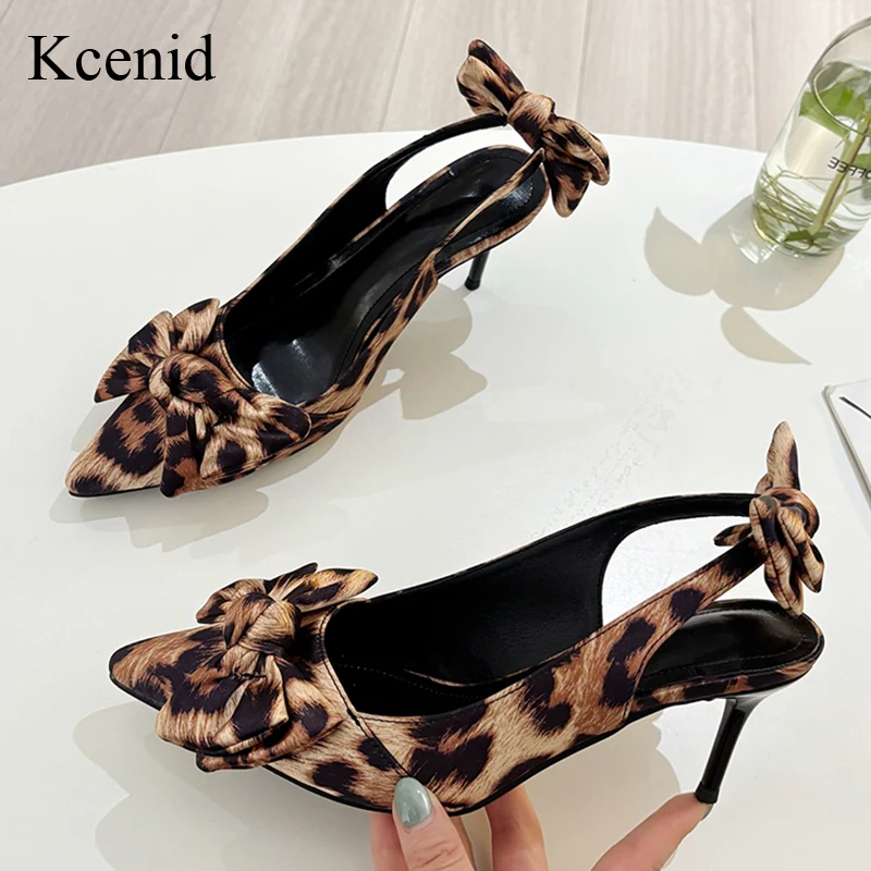 

Kcenid Big Bow Shallow High Heels Pumps for Lady Fashion Pointed Toe Sexy Stiletto Leopard Slingbacks Retro Party Shoes Woman