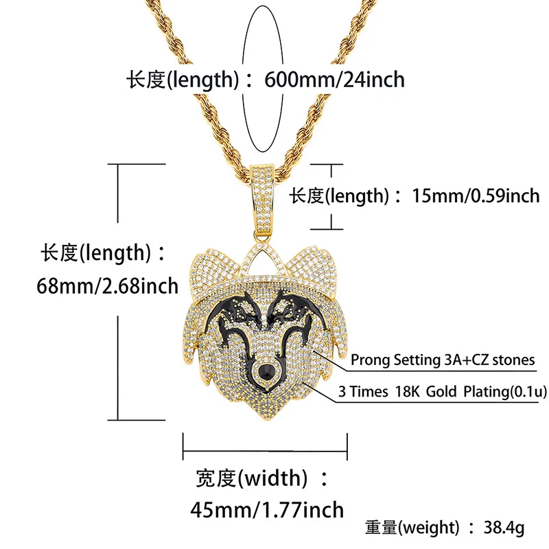 Hip Hop AAA CZ Stone Paved Bling Iced Out Wolf Head Pendants Necklace for Men Rapper Jewelry Drop Shipping