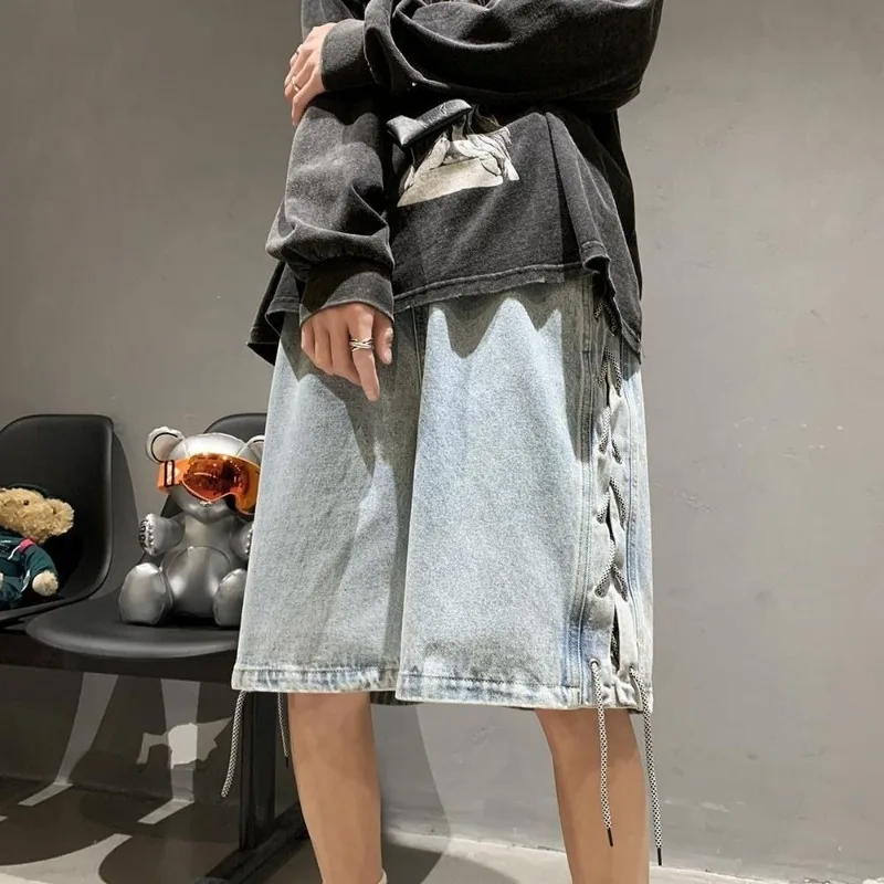 

Men's Vintage Denim Shorts Summer Loose Fit Drawstring Waist Casual Five Pocket Streetwear Wide Leg Knee Length Pants