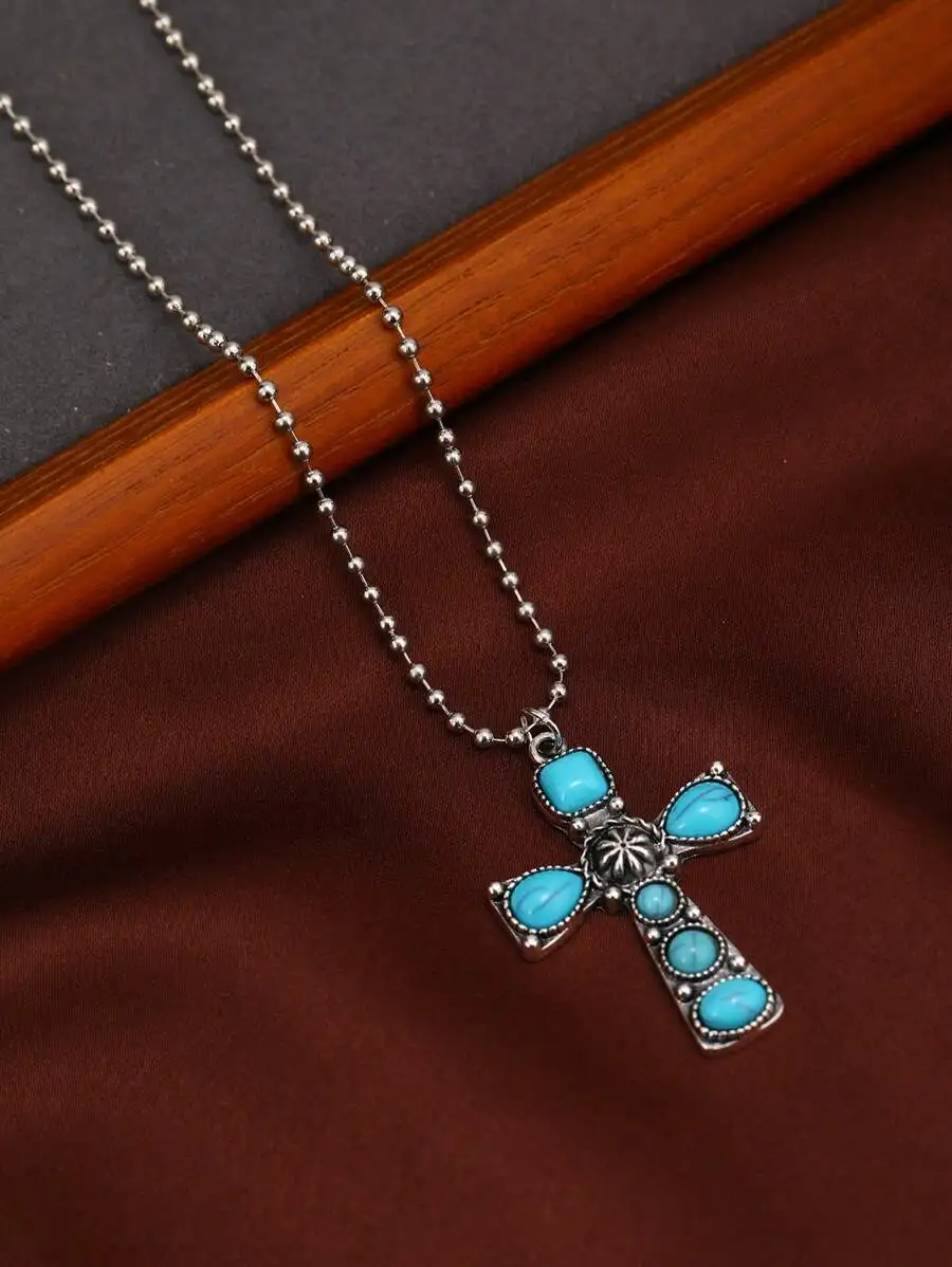 

Turquoise Cross Pendant Necklace With Beaded Chain