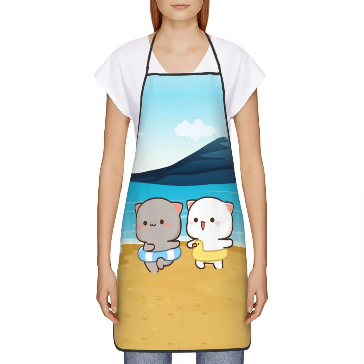 Cute Peach And Goma Playing On The Beach Apron for Men Women Unisex Adult Chef Kitchen Cooking Couple Mochi Cat Tablier Cuisine