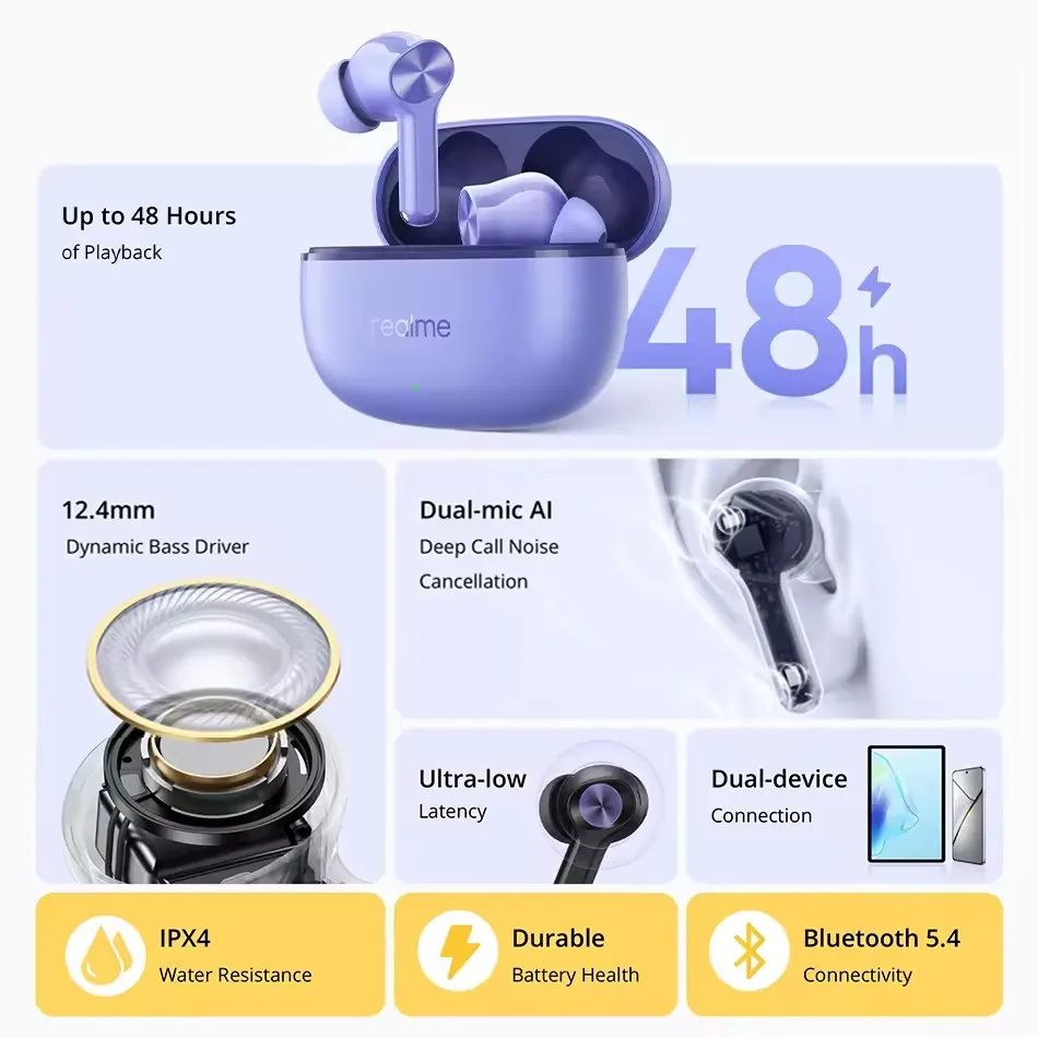 الأصلي Realme Buds T200 Lite Dual-mic Al 12.4 مللي متر محرك باس ديناميكي يصل إلى 48 ساعة تشغيل IPX4 مقاومة للماء