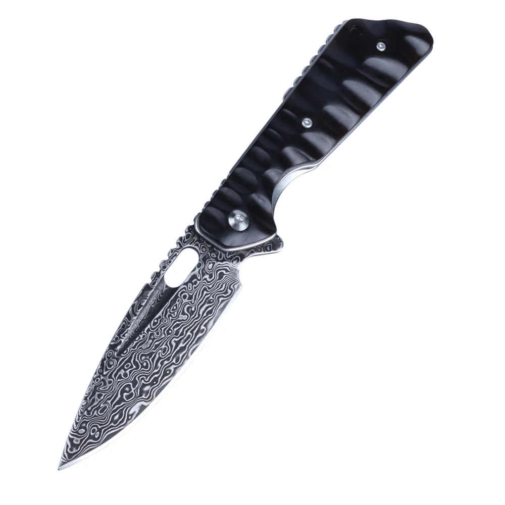 MASALONG Titan Damascus Blade tactical Folding Knife, Special Black Ebony Handle EDC