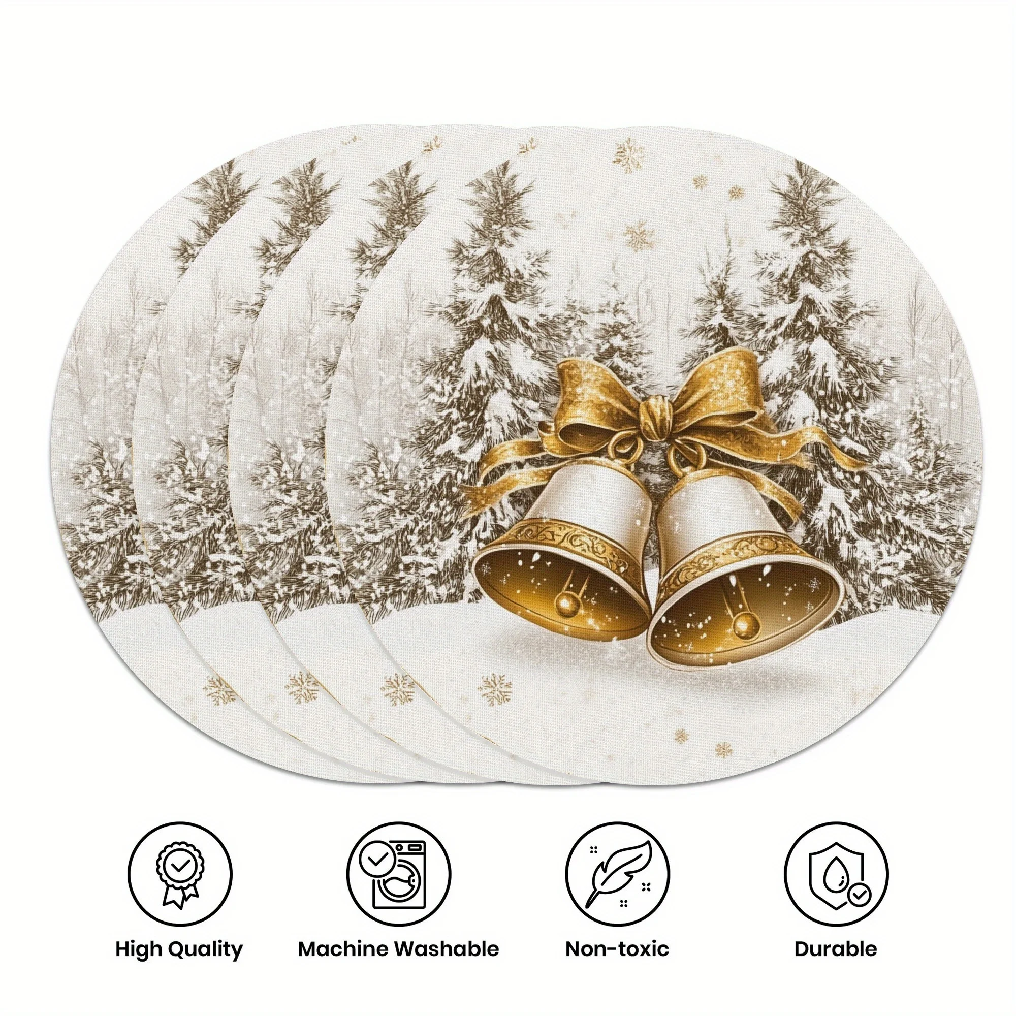 VIKAMA 4-Piece Christmas Gold Bell Placemats Easy-Clean Family Gatherings Christmas Parties Holiday Table Decor & Accessories