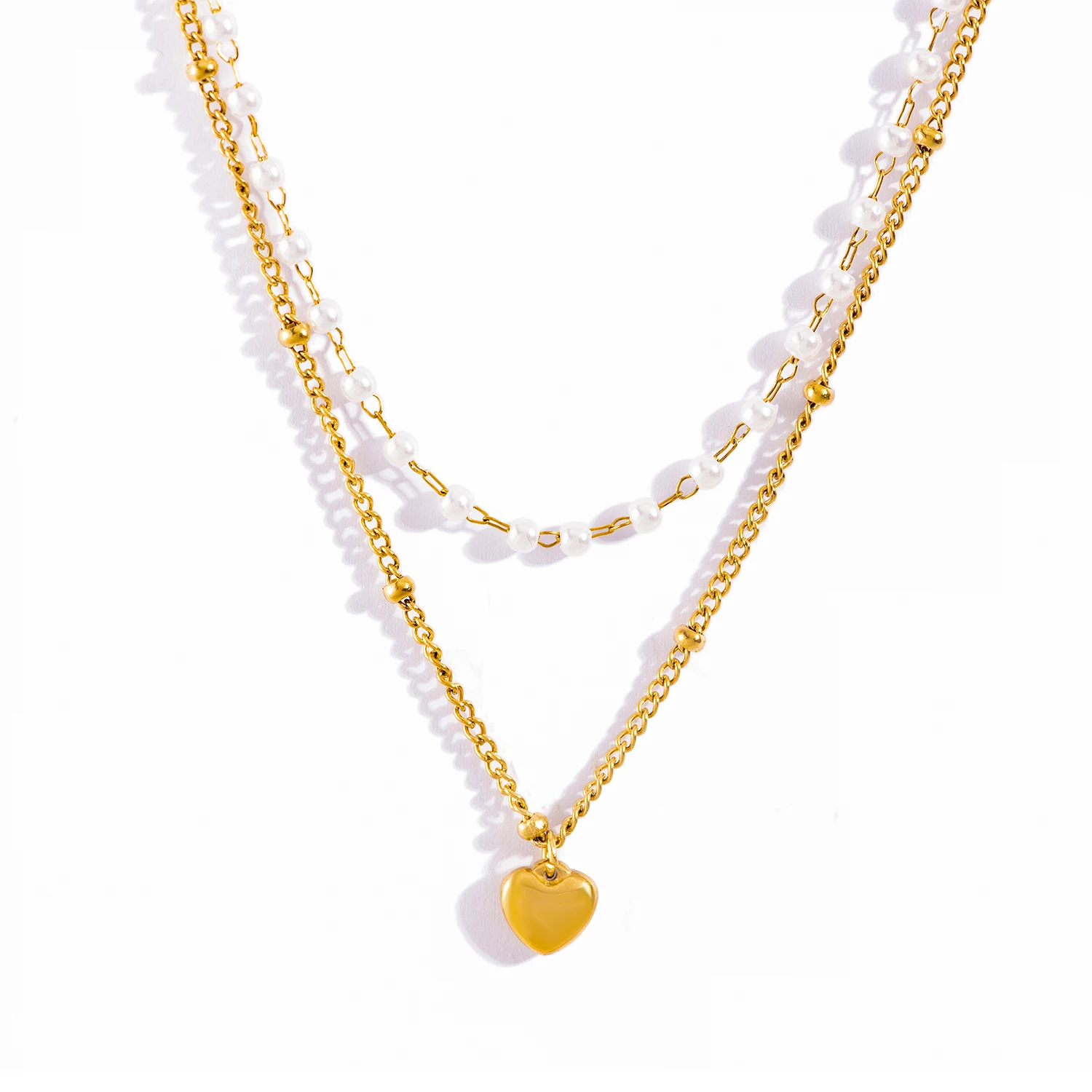 Double Layer Heart Pendant Necklace, 18K Gold Plated Stainless Steel, Bowknot Stackable Hypoallergenic Jewelry for Women Gift