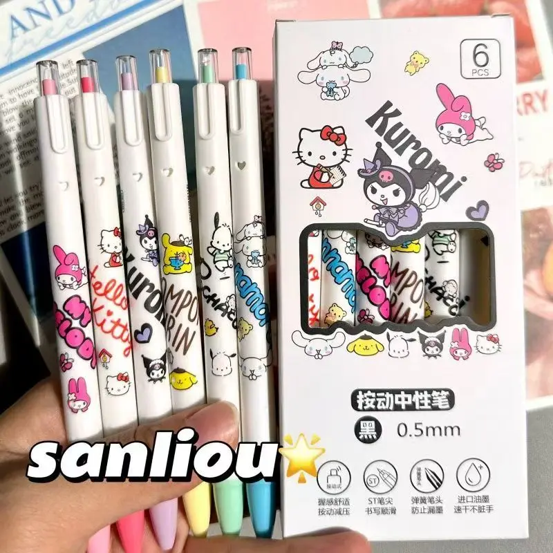 6 bolígrafos de gel retráctiles de colaboración con Sanrio, 0.5 mm, escritura suave, bolígrafo con estampado de dibujos animados para estudiantes