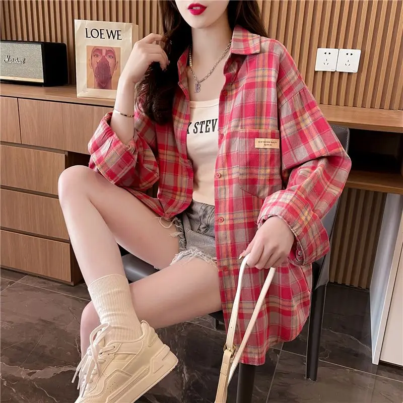 Summer Women\'s 2024 Splicing Polo Collar Button Pocket Plaid Fashion Loose Fashion Minimalist Casual Long Sleeve Blouses Shirts