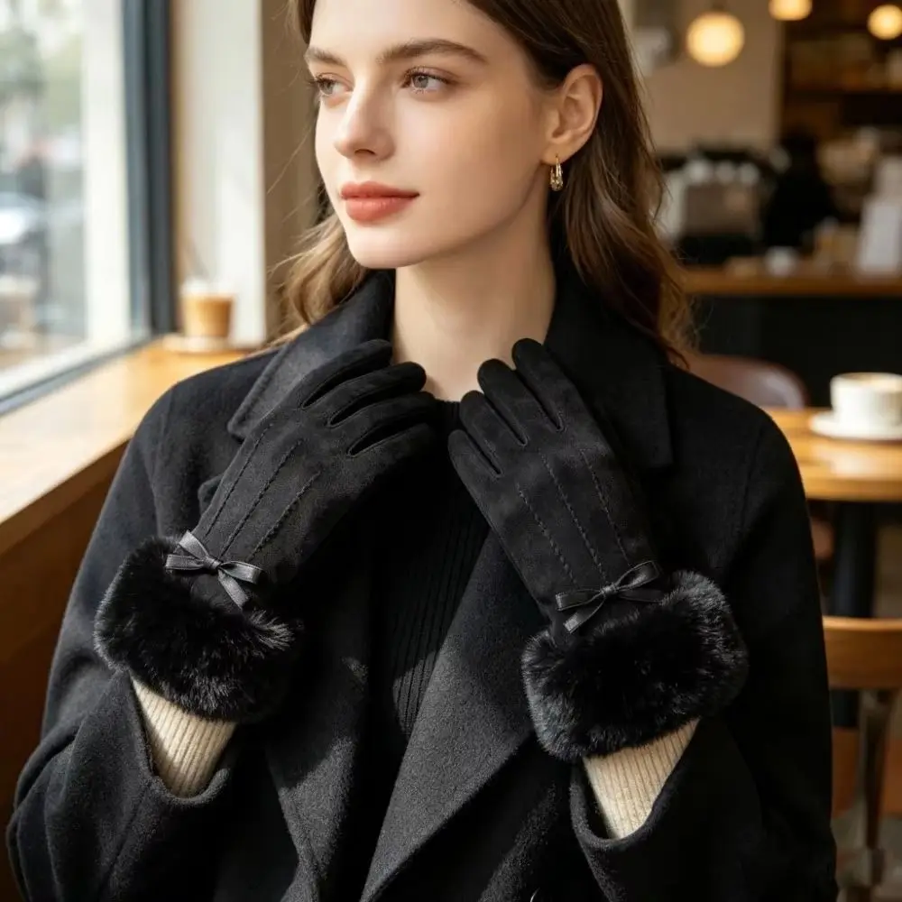 Fashion Warm Suede Gloves Faux Fur Cold-proof Winter Women Gloves Thicken Soft Full Finger Mittens Gift