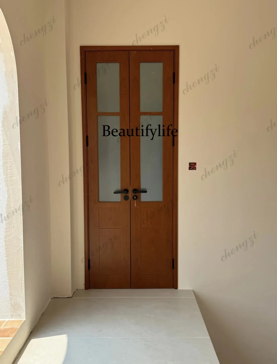 Y136 Z183 Customization Modern Solid Wood Double Door With Frosted Glass Panels For Bedroom Bathroom & Apartment Use Sound Insul