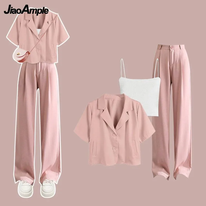 Women\'s 2024 Summer New Casual Fashion Matching Set Korean Elegant Pink Short Sleeved Blouse+Sling+Suit Wide Leg Pants 3 Piece