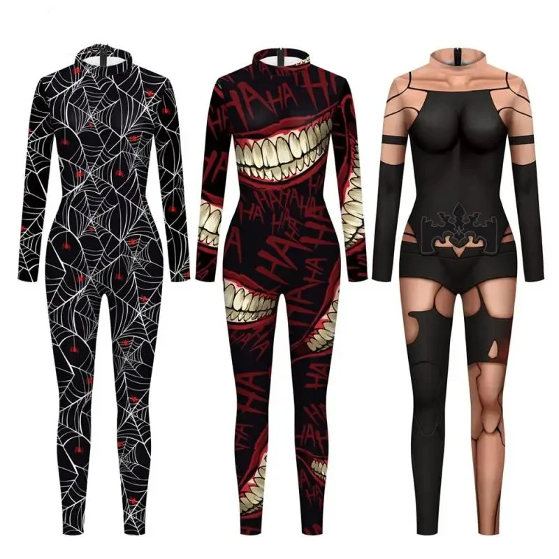 Halloween Horror Jumpsuit Big Mouth Gothic Skull Human Skeleton Funny Print Cosplay Costume Tight Bodysuits Women Sexy Body Suit