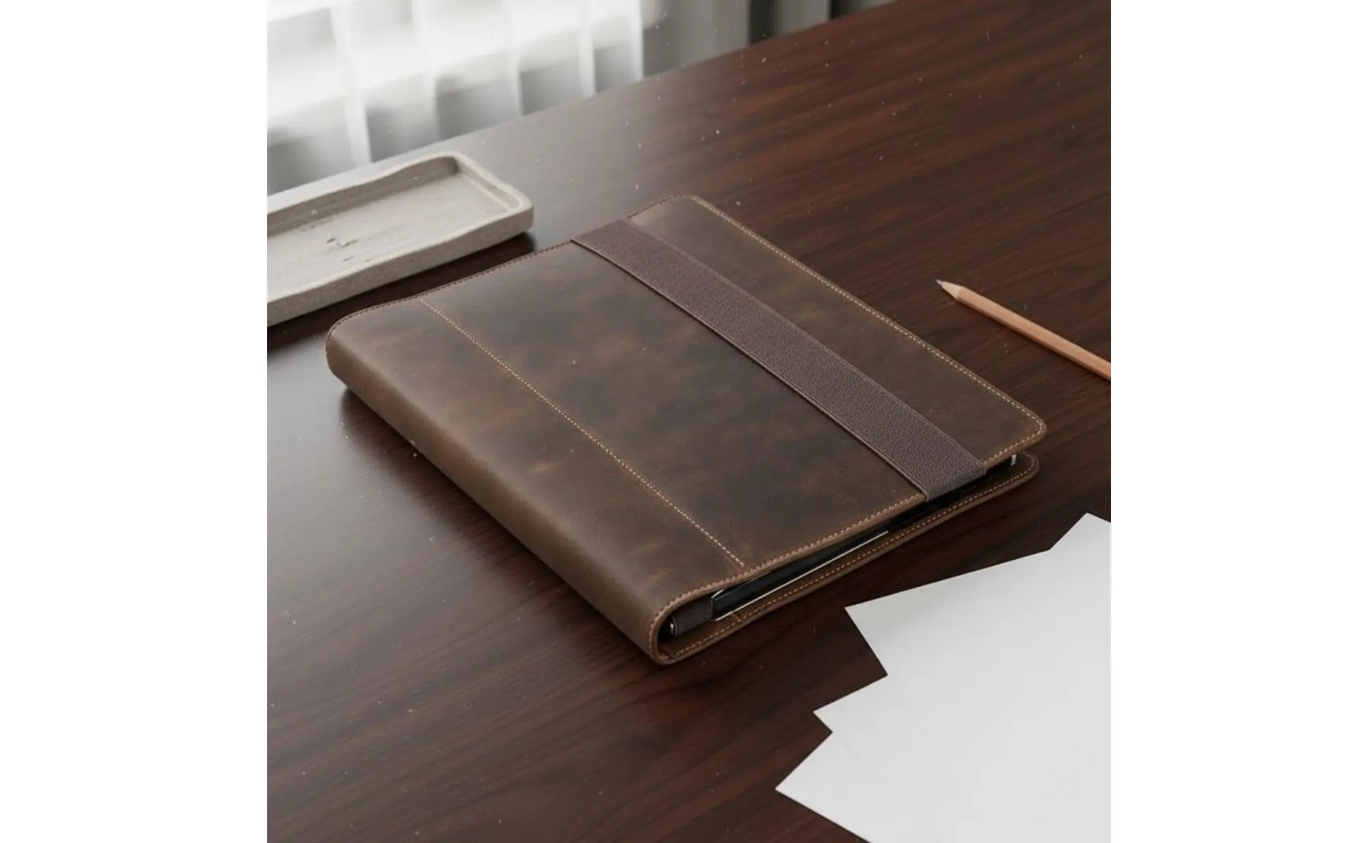 Refillable Business Padfolio Vintage & Design A4 Leather Binder Crazy Horse Leather Folder Multi-Functional 4-Loop Binder Cover
