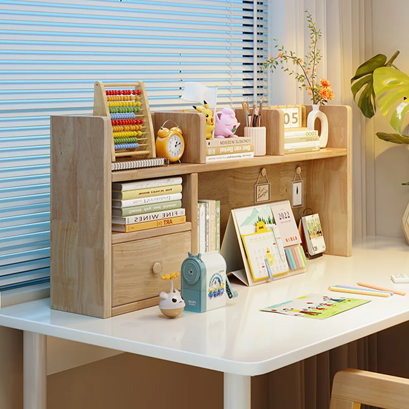 Solid wood desktop shelf, multi-layer children's bookshelf on desk, home study table, bookcase with drawer storage, low cabinet
