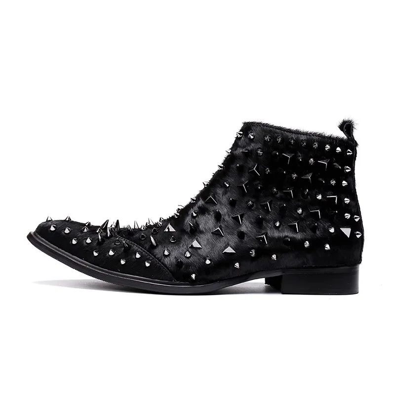 Black Cool Rivet Decoration Ankle Boots for Men Pointed Toe Chelsea Boots British Casual Business Boots Side Zipper Short Boots