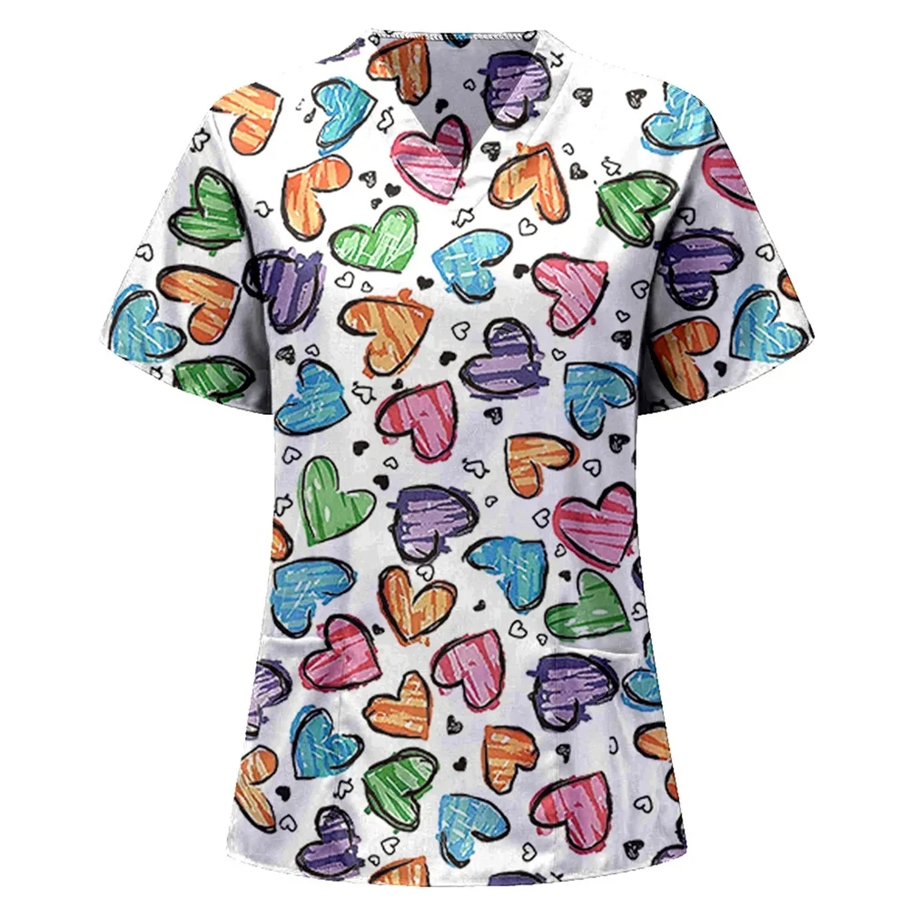 Women's Surgical Scrubs Casual Printed Nurse Uniform Surgical V Neck Scrubs Short Sleeve Tee Tops Surgical Uniforms Woman Clothe
