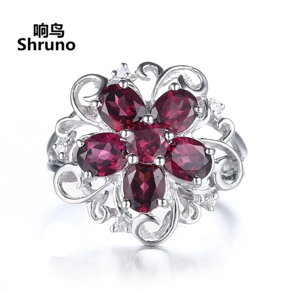 Shruno Solid 14K AU585 White Gold 2.8ct Natural Garnet Engagement Ring Real Diamonds Women Elegant Flower Fine Jewelry