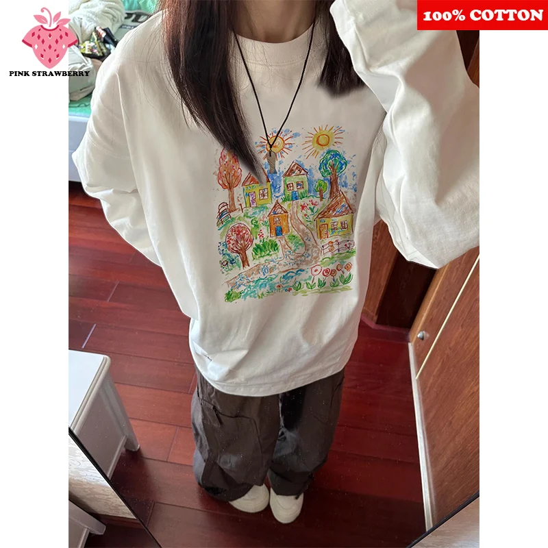 

American Retro Graffiti T-shirt Women Autumn 2025 New 100% Cotton Oversize White Loose Casual T-shirt Y2k Top Female clothing