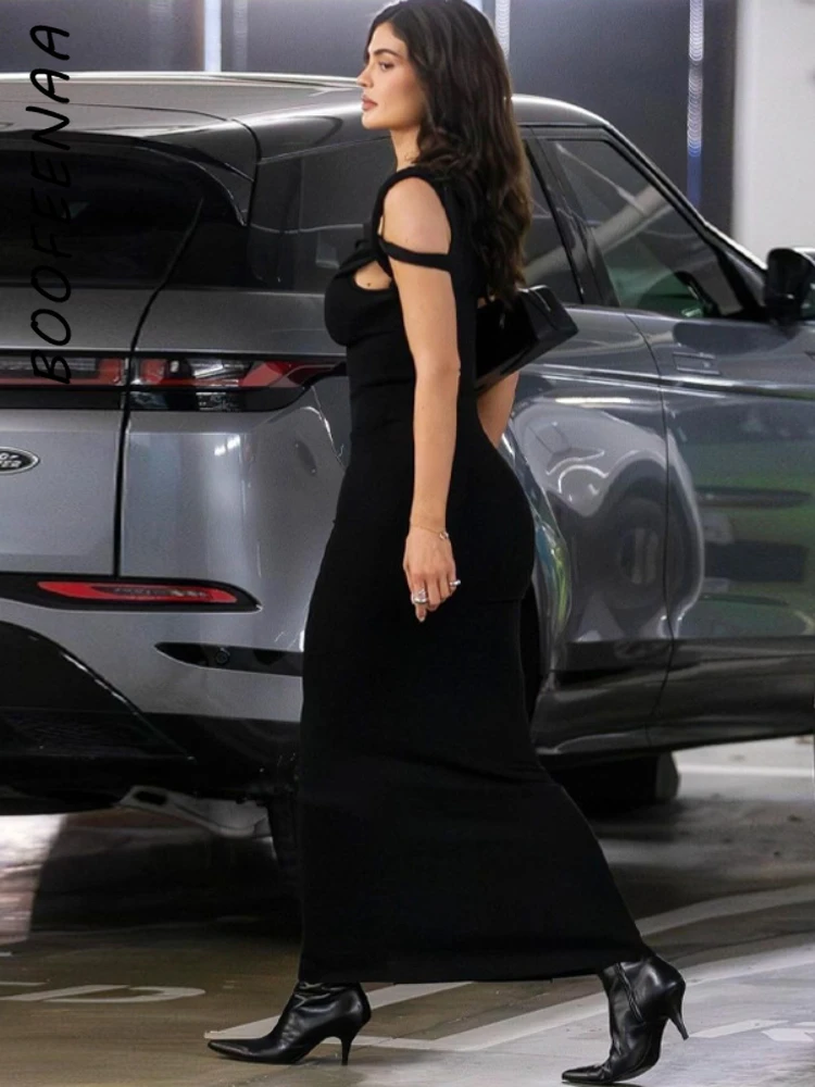 long black dresses for women Black Kylie Jenner Round Neck Sheath Tight Dress Casual Prom Celebrity –  Hoprom main image 1