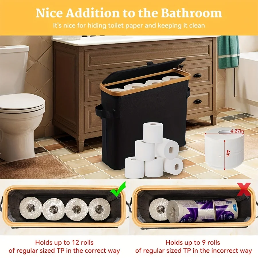 Bamboo toilet paper holder with lid - Self-contained bathroom organizer with handle, enclosed tissue storage box