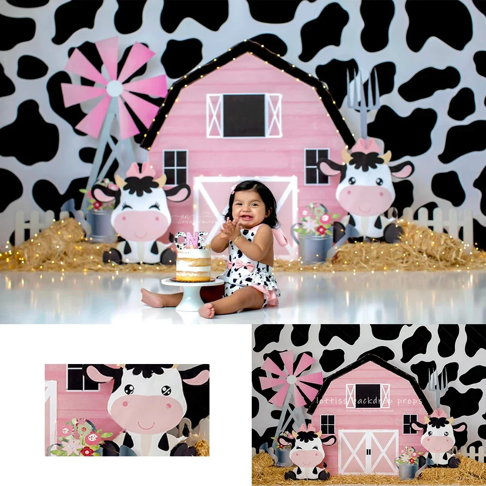 VIKAMA Rosa Kuhfarm-Hintergrund Mädchen Baby Geburtstag Fotografie-Requisiten Kinder- und Erwachsenenfotografie Ländlicher Hintergrund