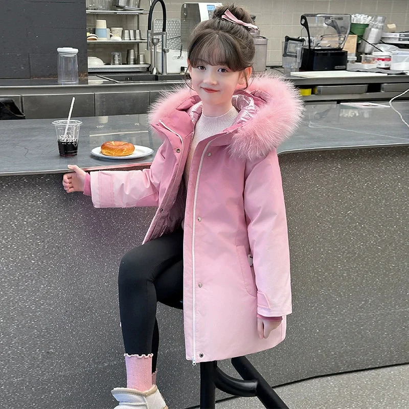 

Winter Thickened Jackets Girls Warm Mid-Length Coats Kids Long-Sleeved Hooded Parkas New Children's Fashion Cotton Clothes