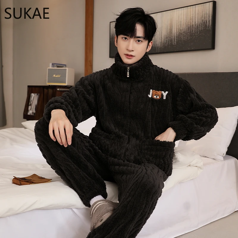 SUKAE L-5XL Chubby Thermal Zipper Pijamas Boy Leisure Man Sporty Sleepwear Big Size Men Pajamas Winter Thick Velvet Coral Pajama