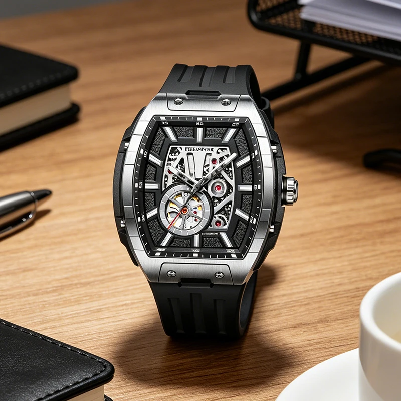 FeelNever Unique Design Mechanical Men Watches Square Casual Sport Fashion Hollow Luminous Automatic Waterproof Chronograph Gift view 3