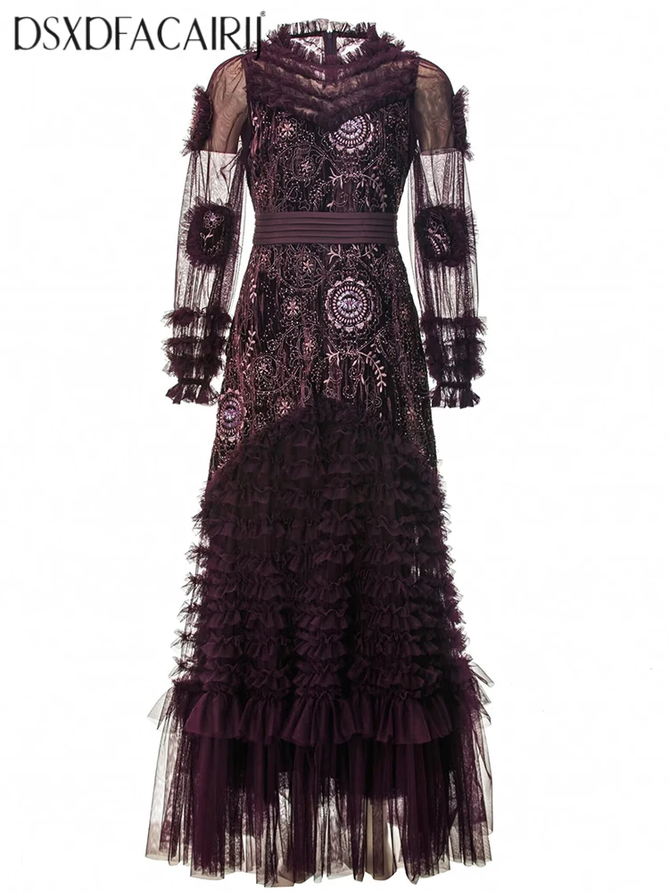 DSXDFACAIRIJ فستان ماكسي نسائي عتيق مطرز بالترتر مطرز برقبة دائرية وأكمام واسعة وكشكشة مخملية فساتين شبكية مرقعة
