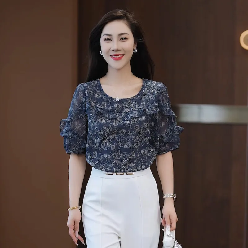 แฟชั่นผู้หญิงครึ่งแขนเสื้อชีฟอง,2025 ฤดูร้อนใหม่หลวมอเนกประสงค์บางรอบคอเสื้อ