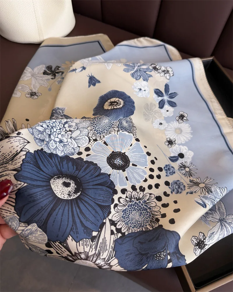 Women Fashion Design Floral Printed Hair Head Wrap 70x70cm Square Handkerchief Premium Ladies Imitated Silk Small Scarf