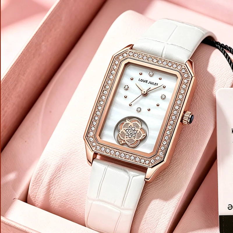 2026 New Arrival Rectangle White Ceramic Simple and Causal Wristwatch Woman Luxury Camell Wind Shell Dial Watch Lady