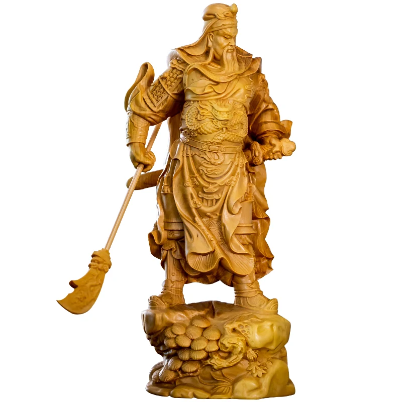 

Boxwood Carved Figures for Home Decoration, Solid Wood, Feng Shui Crafts, Guan Yu, 20cm