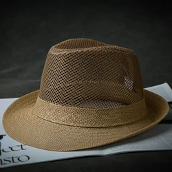 Straw Hat Men's Sun Hat Summer Outdoor Travel Sun Hat Mesh Comfortable Breathable Crimped Panama Hat