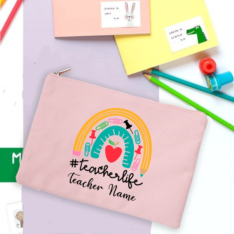 Rainbow Teacher Print Pencil Case Personalized  Custom Name Stationery Supplies Storage Bags Travel Wash Pouch Makeup Bag Gifts