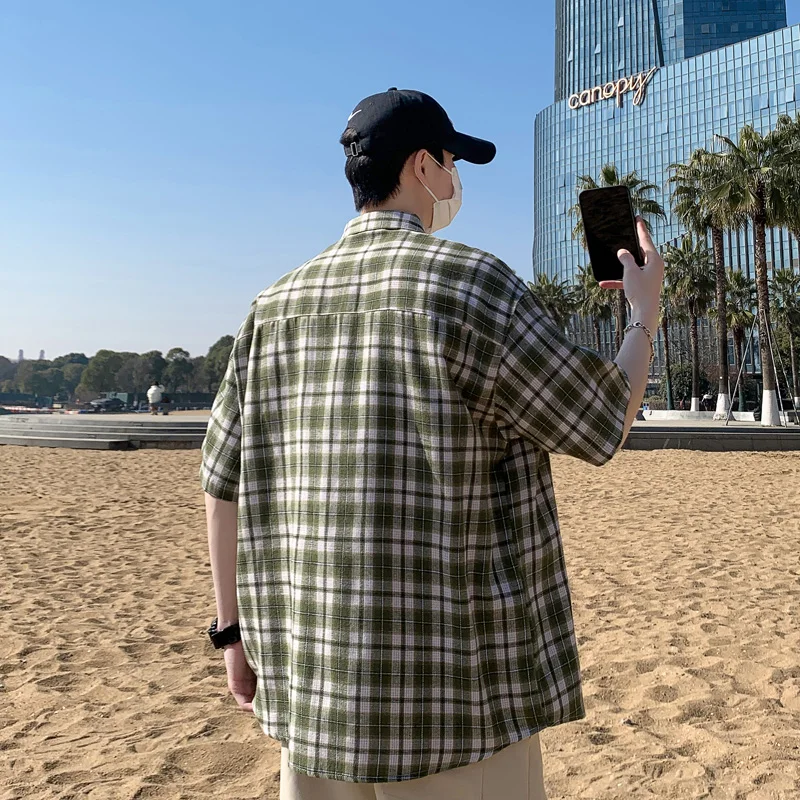 Summer Men's Loose Plaid Short Sleeved Shirts Casual Vintage Checkered Button Down Oversized Shirt Harajuku Preppy Style Shirts