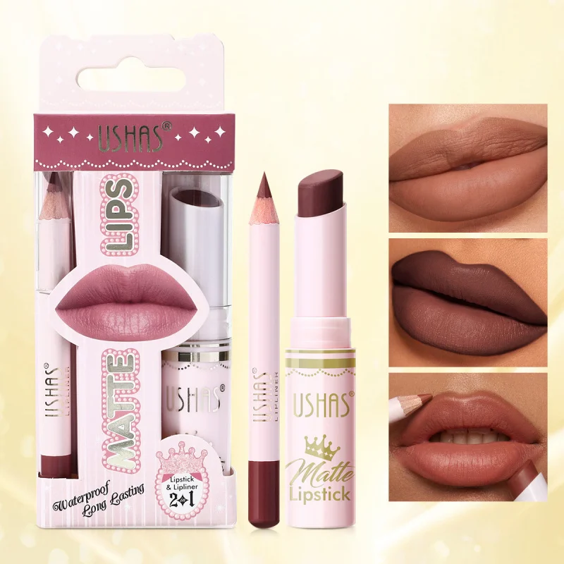 USHAS 12 Colors Matte Lipstick & Lip Liner Set Waterproof Long Lasting Non Stick Cup Lip Makeup Kit UCS004