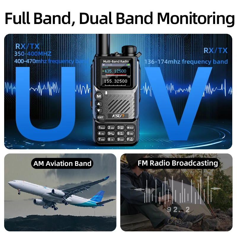 Walkie Talkie de 5W, Banda Completa 144/220/350/400/520MHz, Radio FM de Banda Aérea, Carga Rápida Tipo-C, Linterna, Dobl