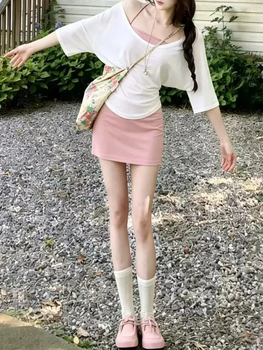 Summer Beautiful Pink Strap Short Skirt Thin White Cover up Two Piece Set Women's Fashionable Pure Desire Ensemble
