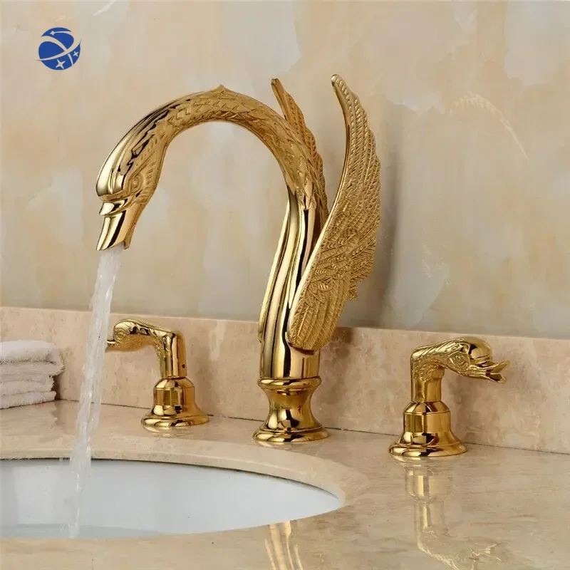 

Golden Swan Bathtub Shower Faucet Set Wall Mounted Bathtub Brass Faucet Gold Waterfall Deck Mount Bathroom Faucet